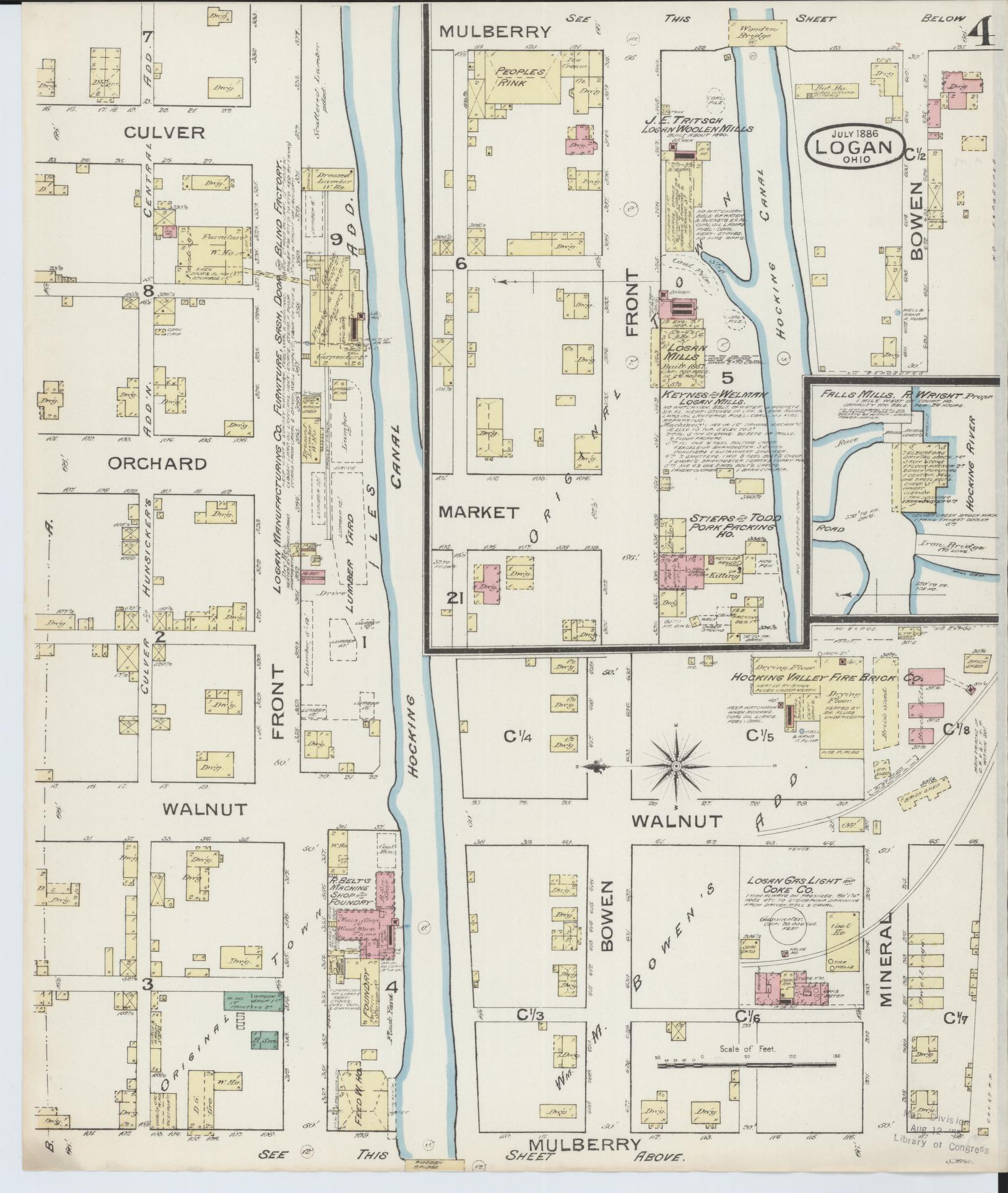 Sanborn Fire Insurance Map from Logan, Hocking County, Ohio (1886), Sheet #0004 - Historic Sanborn Fire Insurance Map Print, vintage old map wall art, antique decor, genealogy gift, Ohio Ohio map