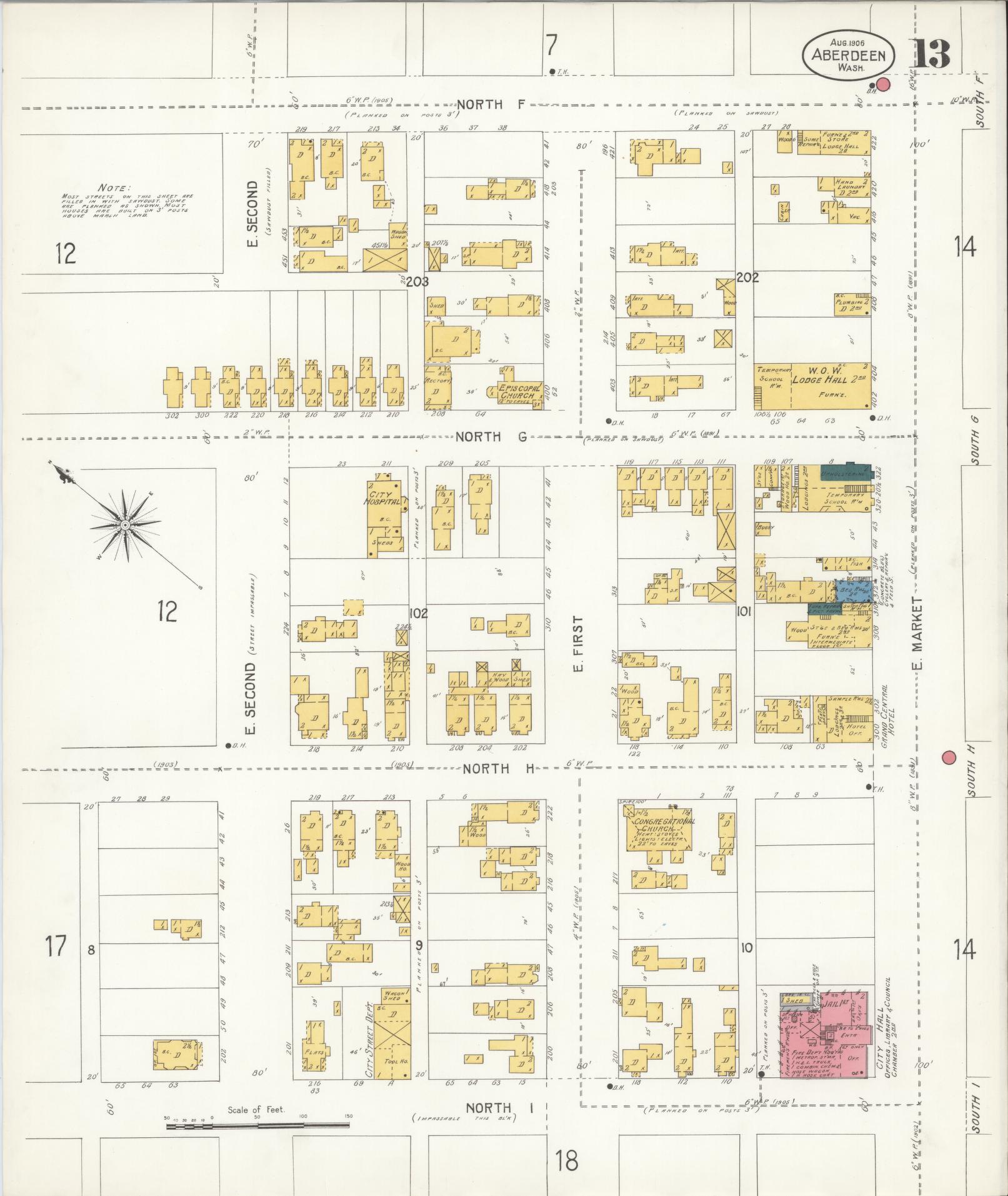 Sanborn Fire Insurance Map from Aberdeen, Grays Harbor County, Washington (1906), Sheet #0013 - Complete Map Set gallery image, historic Sanborn map, vintage wall art, Washington Washington