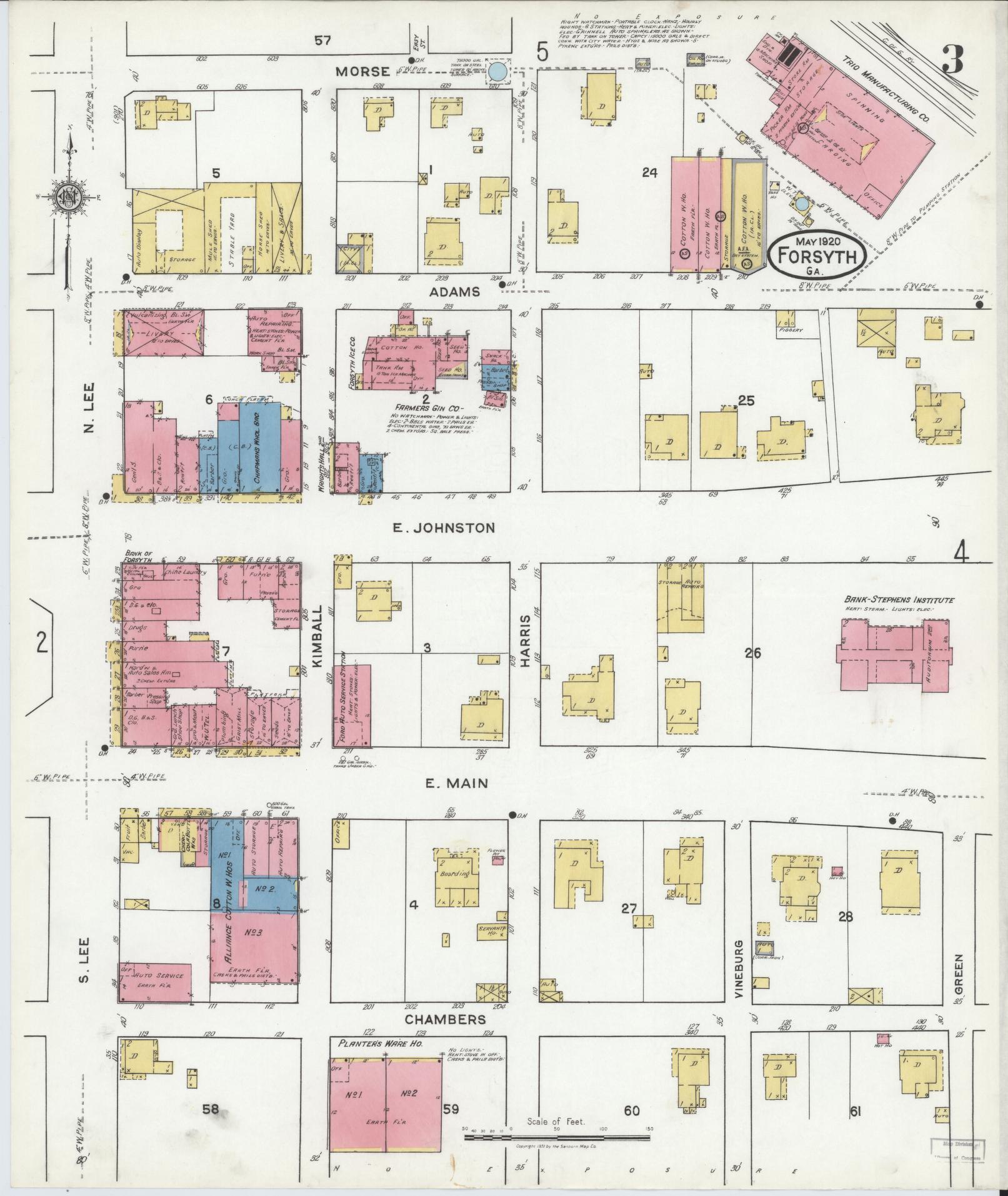 Sanborn Fire Insurance Map from Forsyth, Monroe County, Georgia (1920), Sheet #0003 - Complete Map Set gallery image, historic Sanborn map, vintage wall art, Georgia Georgia