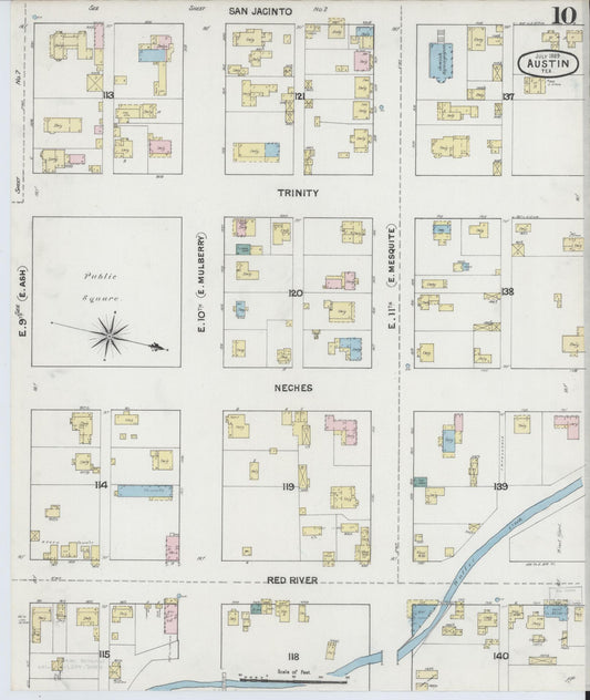 Sanborn Fire Insurance Map from Austin, Travis County, Texas (1889), Sheet #0010 - Historic Sanborn Fire Insurance Map Print, vintage old map wall art, antique decor, genealogy gift, Texas Texas map