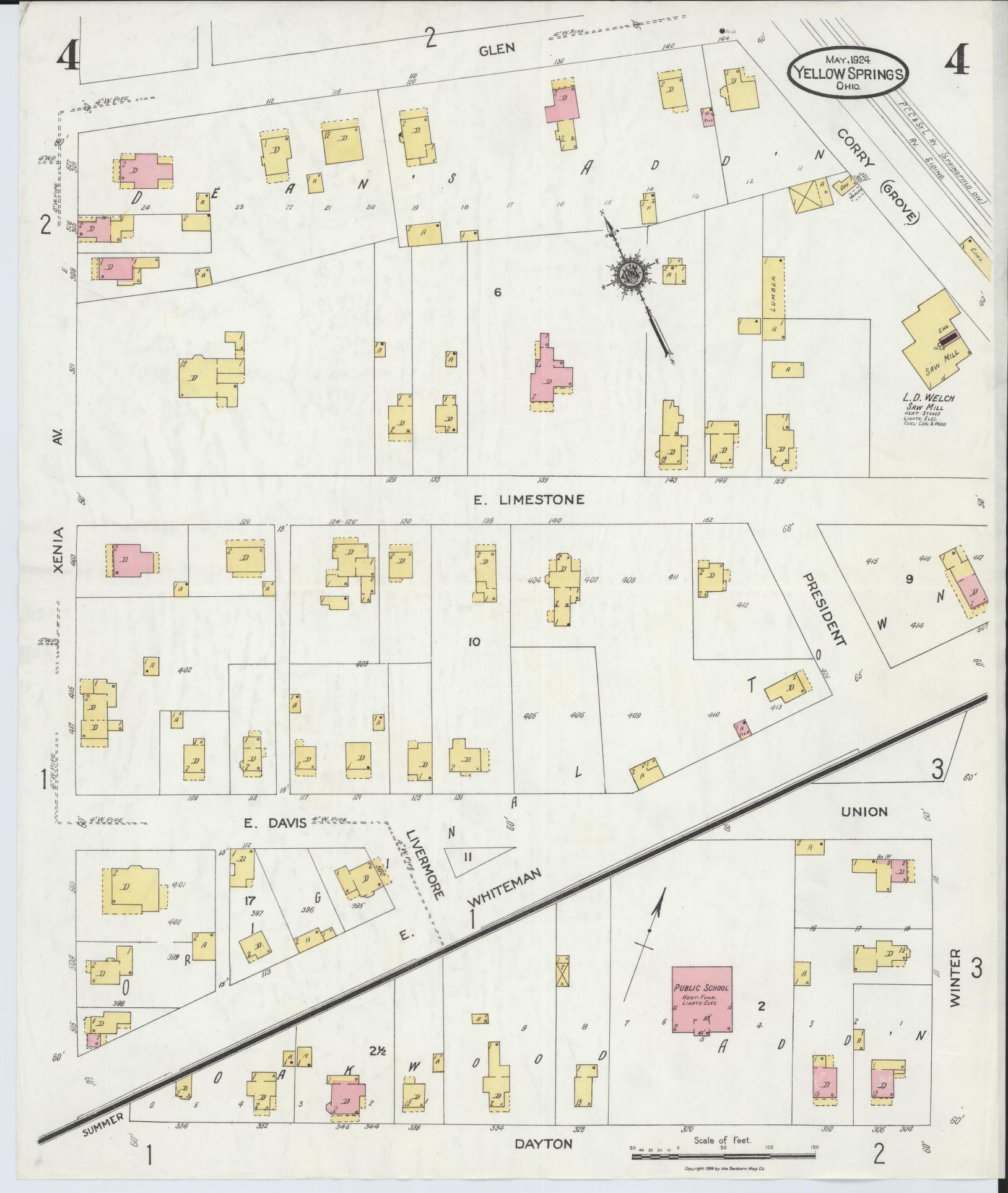 Sanborn Fire Insurance Map from Yellow Springs, Greene County, Ohio (1924), Sheet #0004 - Historic Sanborn Fire Insurance Map Print, vintage old map wall art, antique decor, genealogy gift, Ohio Ohio map
