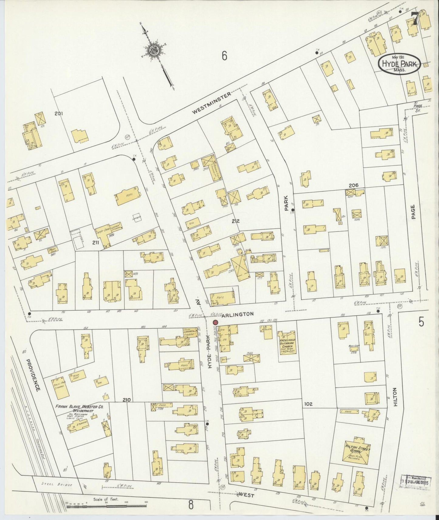 Sanborn Fire Insurance Map from Hyde Park, Norfolk County, Massachusetts (1911), Sheet #0007 - Complete Map Set gallery image, historic Sanborn map, vintage wall art, Massachusetts Massachusetts
