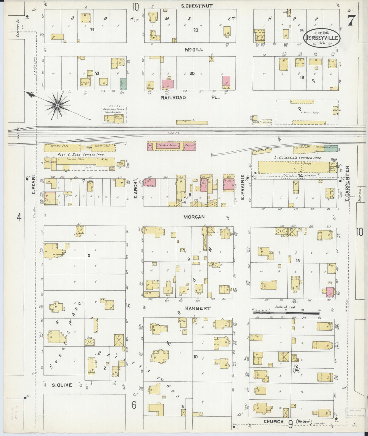 Sanborn Fire Insurance Map from Jerseyville, Jersey County, Illinois (1906), Sheet #0007 - Complete Map Set gallery image, historic Sanborn map, vintage wall art, Illinois Illinois