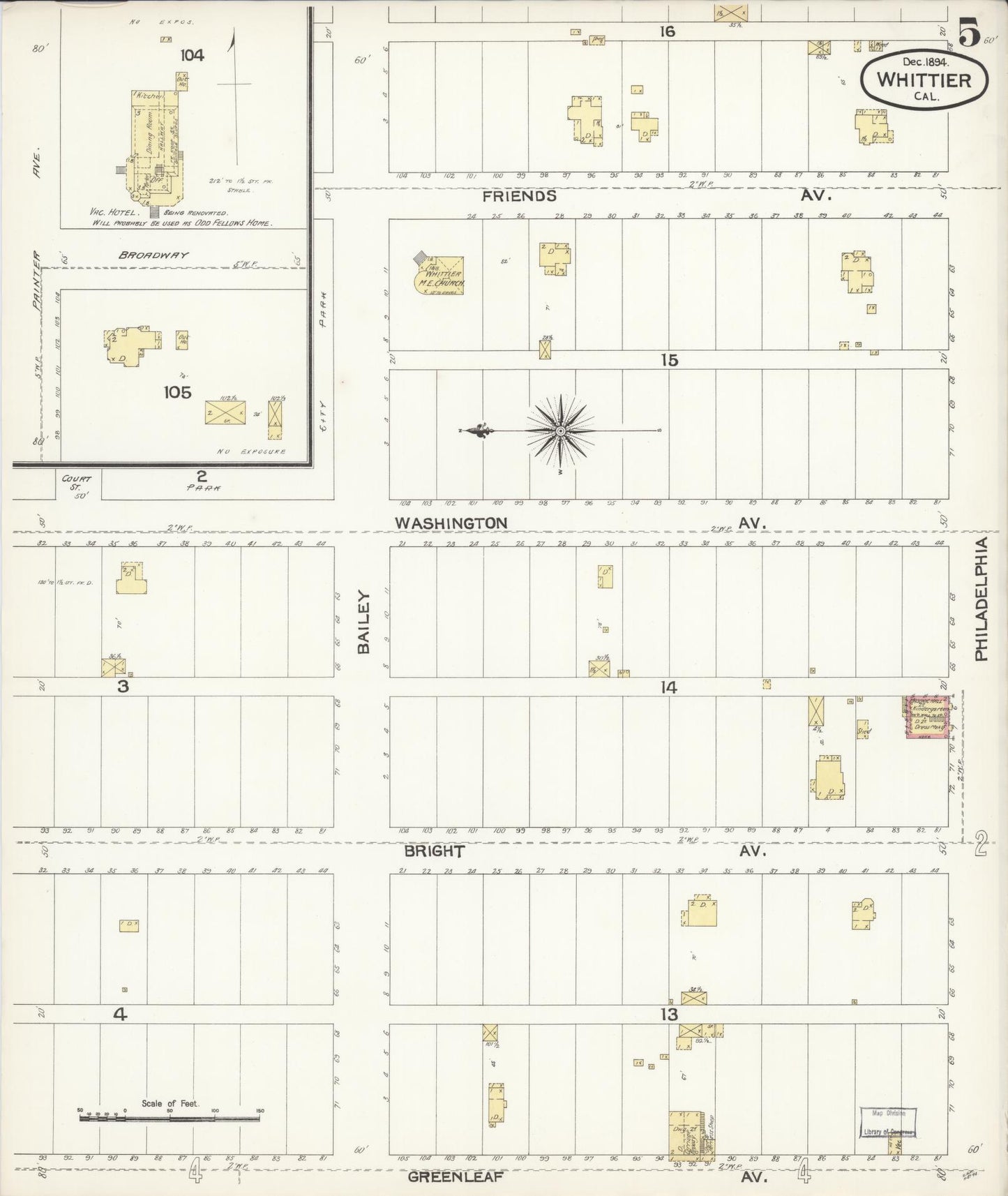 Sanborn Fire Insurance Map from Whittier, Los Angeles County, California (1894), Sheet #0005 - Complete Map Set gallery image, historic Sanborn map, vintage wall art, California California