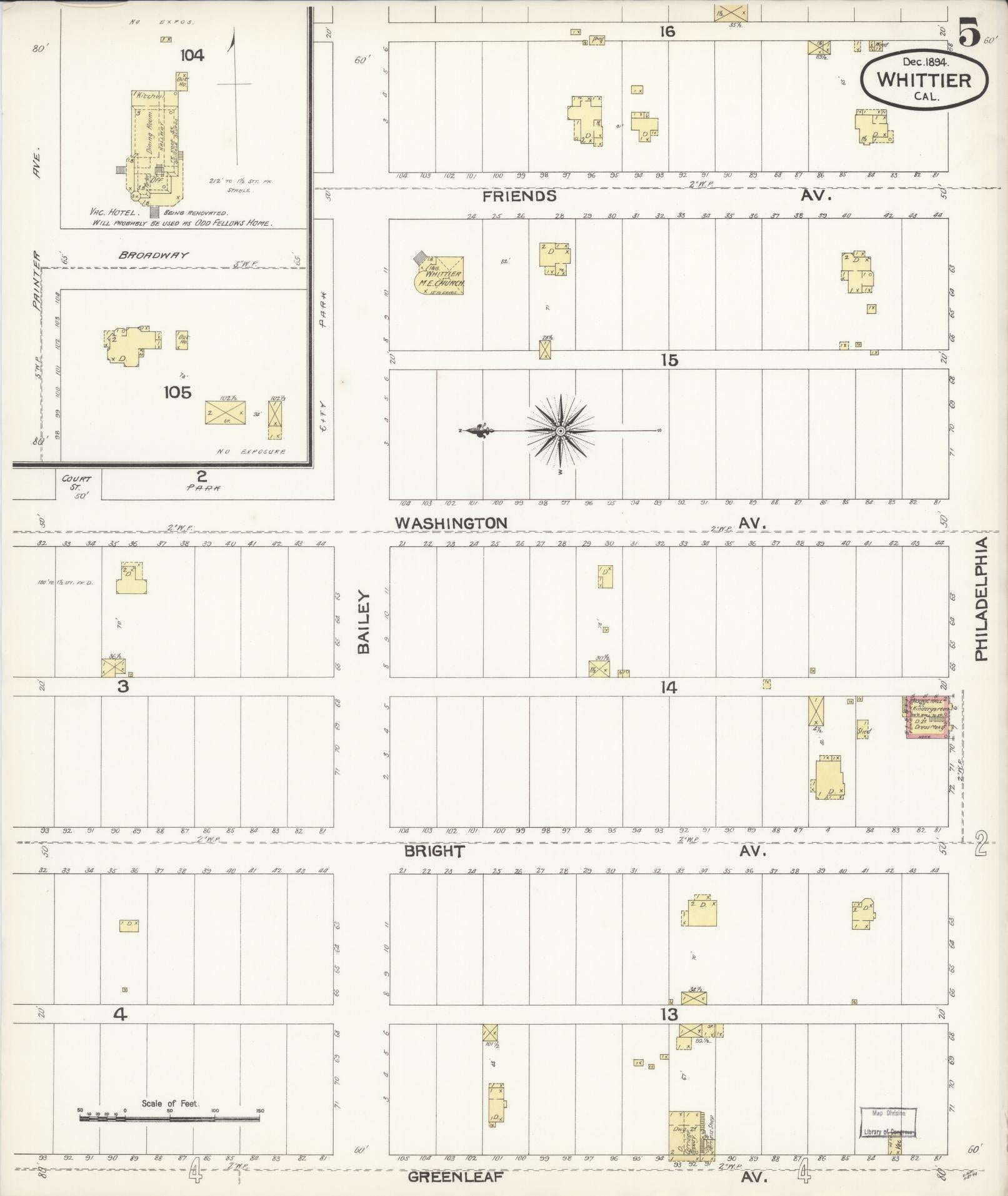 Sanborn Fire Insurance Map from Whittier, Los Angeles County, California (1894), Sheet #0005 - Complete Map Set gallery image, historic Sanborn map, vintage wall art, California California