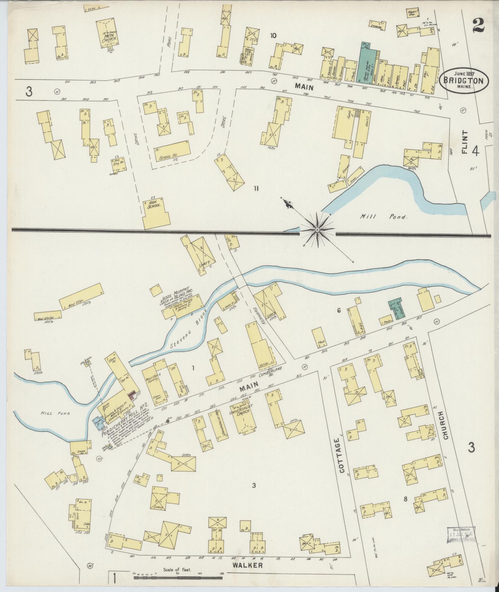 Sanborn Fire Insurance Map from Bridgton, Cumberland County, Maine (1897), Sheet #0002 - Historic Sanborn Fire Insurance Map Print, vintage old map wall art, antique decor, genealogy gift, Maine Maine map