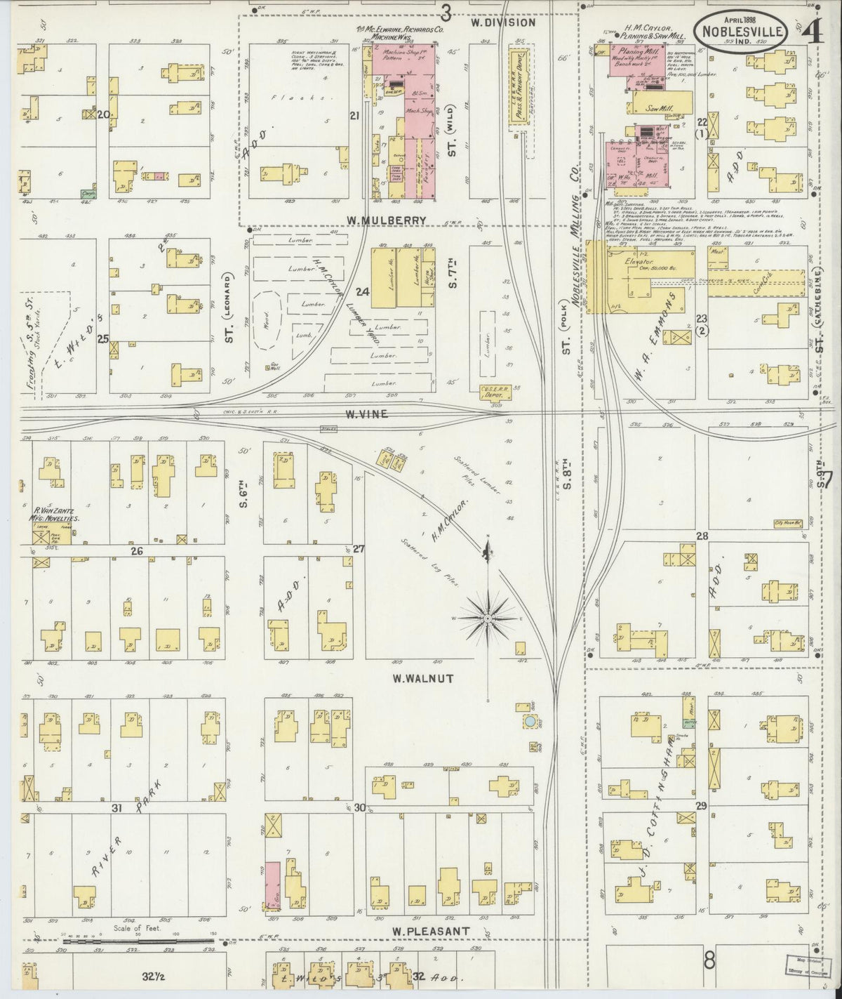Sanborn Fire Insurance Map from Noblesville, Hamilton County, Indiana (1898), Sheet #0004 - Historic Sanborn Fire Insurance Map Print, vintage old map wall art, antique decor, genealogy gift, Indiana Indiana map