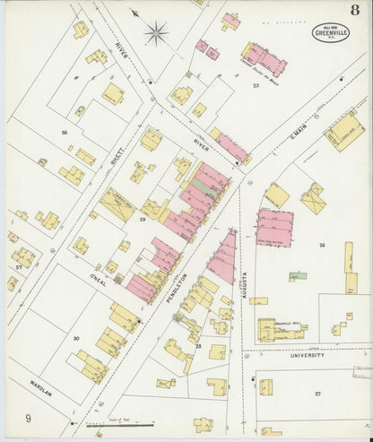 Sanborn Fire Insurance Map from Greenville, Greenville County, South Carolina (1898), Sheet #0008 - Complete Map Set gallery image, historic Sanborn map, vintage wall art, South Carolina South Carolina