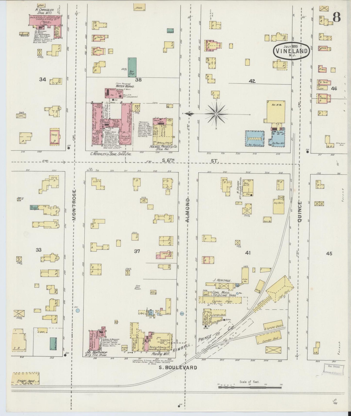 Sanborn Fire Insurance Map from Vineland, Cumberland County, New Jersey (1895), Sheet #0008 - Historic Sanborn Fire Insurance Map Print, vintage old map wall art, antique decor, genealogy gift, New Jersey New Jersey map