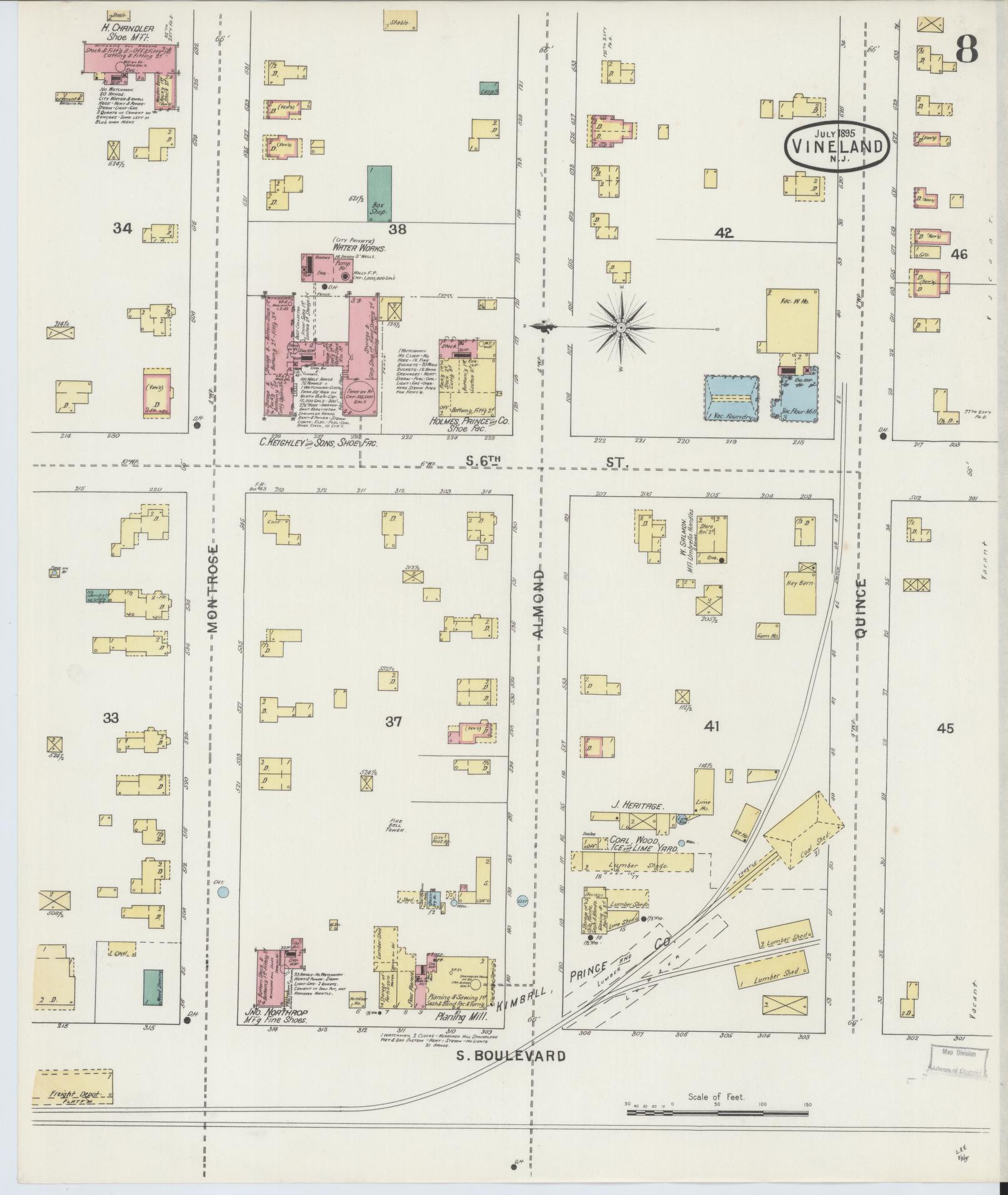 Sanborn Fire Insurance Map from Vineland, Cumberland County, New Jersey (1895), Sheet #0008 - Historic Sanborn Fire Insurance Map Print, vintage old map wall art, antique decor, genealogy gift, New Jersey New Jersey map