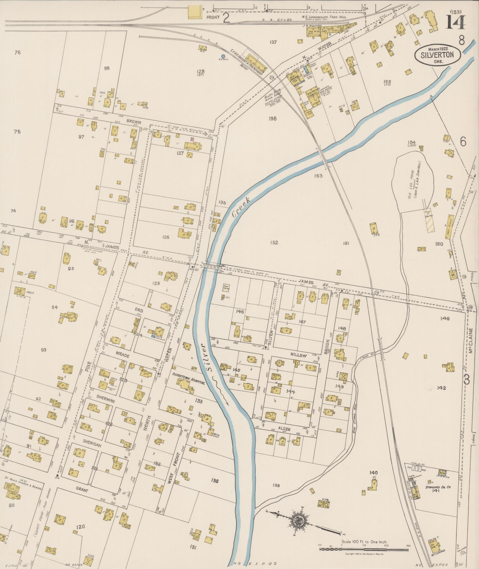 Sanborn Fire Insurance Map from Silverton, Marion County, Oregon (1922), Sheet #0014 - Historic Sanborn Fire Insurance Map Print, vintage old map wall art, antique decor, genealogy gift, Oregon Oregon map