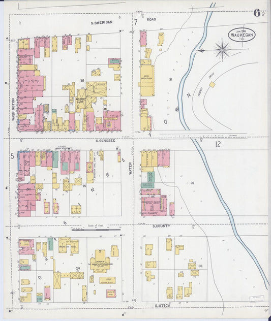 Sanborn Fire Insurance Map from Waukegan, Lake County, Illinois (1906), Sheet #0006 - Historic Sanborn Fire Insurance Map Print, vintage old map wall art, antique decor, genealogy gift, Illinois Illinois map