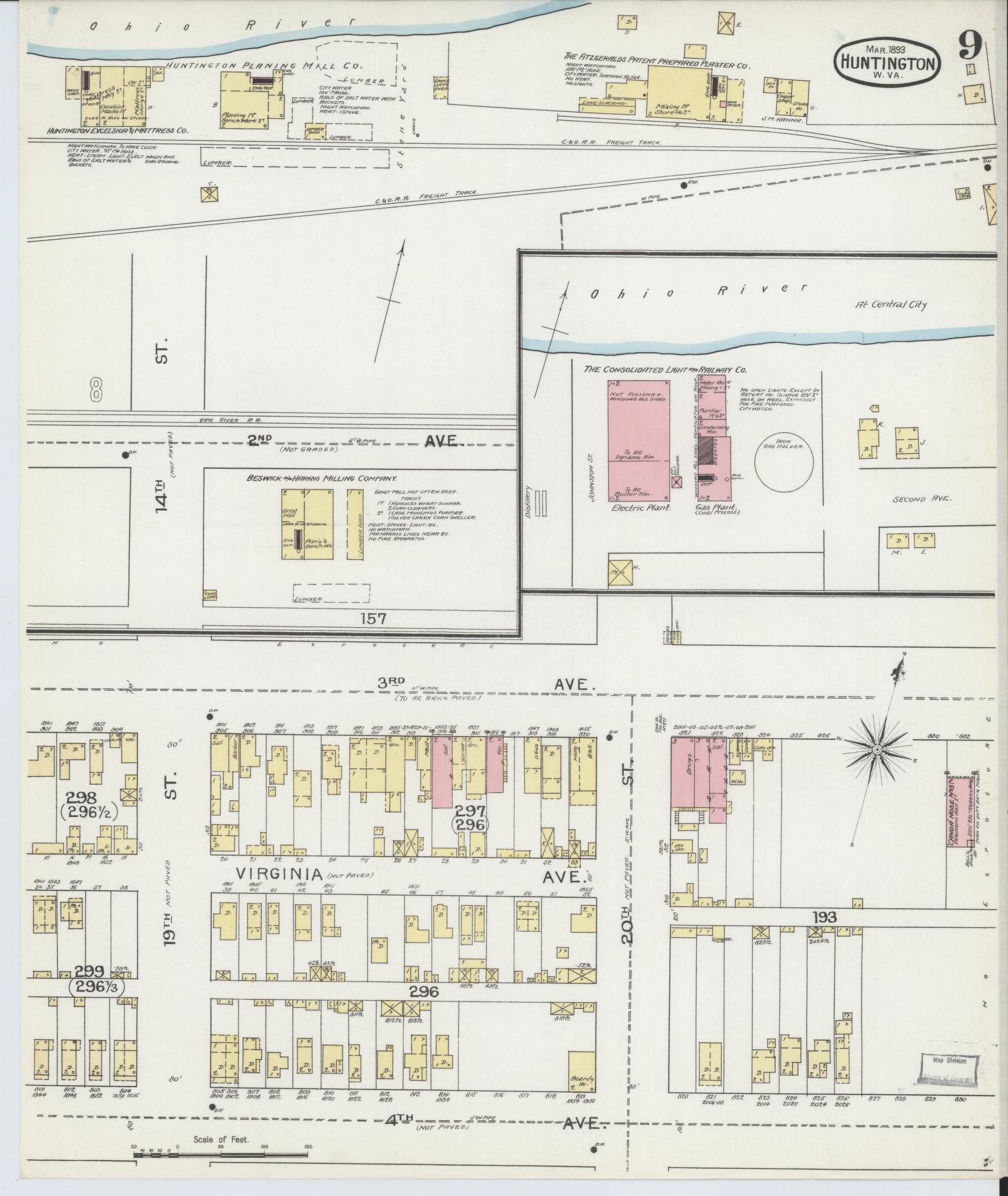 Sanborn Fire Insurance Map from Huntington, Cabell County, West Virginia (1893), Sheet #0009 - Historic Sanborn Fire Insurance Map Print, vintage old map wall art, antique decor, genealogy gift, West Virginia West Virginia map