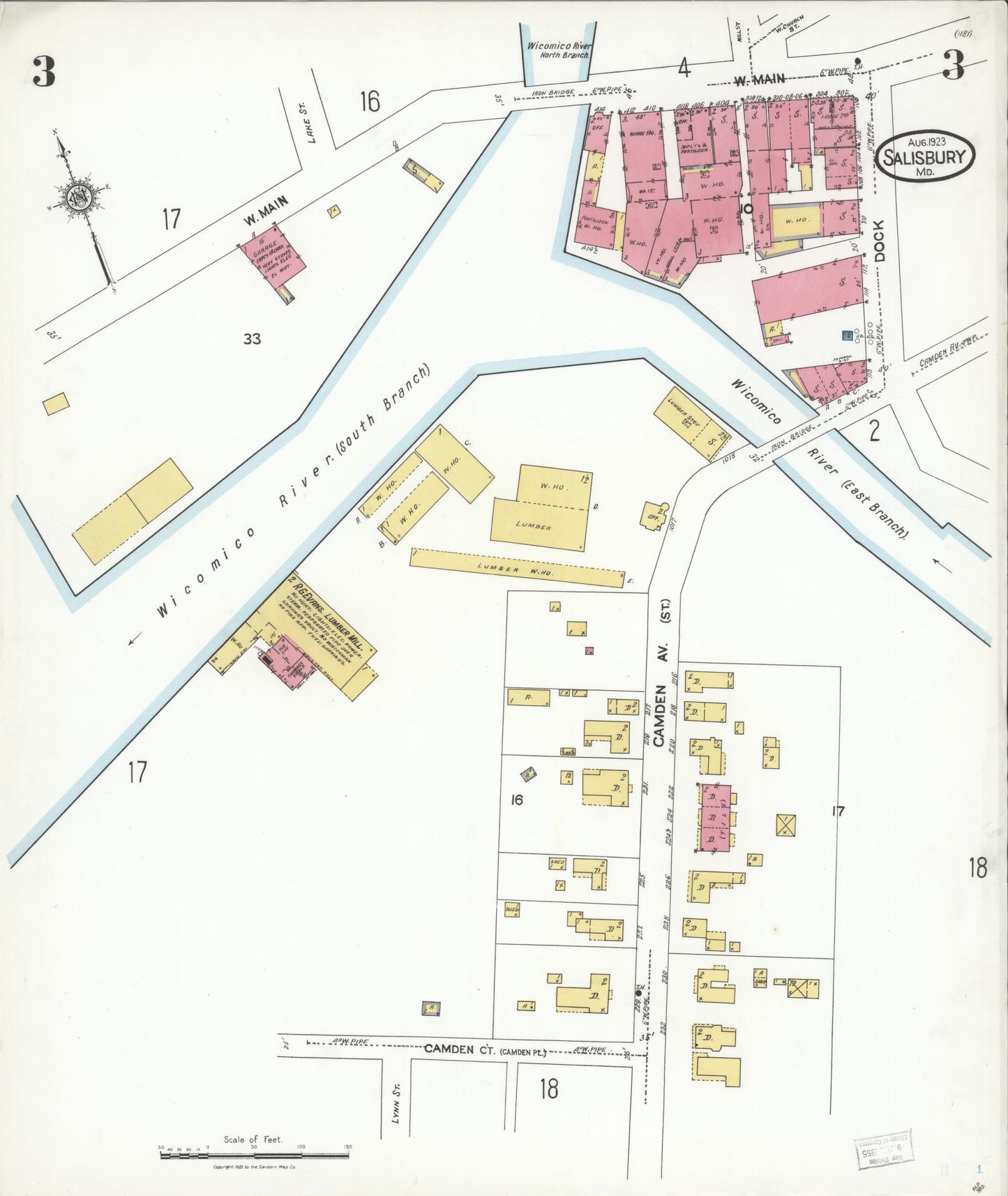 Sanborn Fire Insurance Map from Salisbury, Wicomico County, Maryland (1923), Sheet #0003 - Complete Map Set gallery image, historic Sanborn map, vintage wall art, Maryland Maryland
