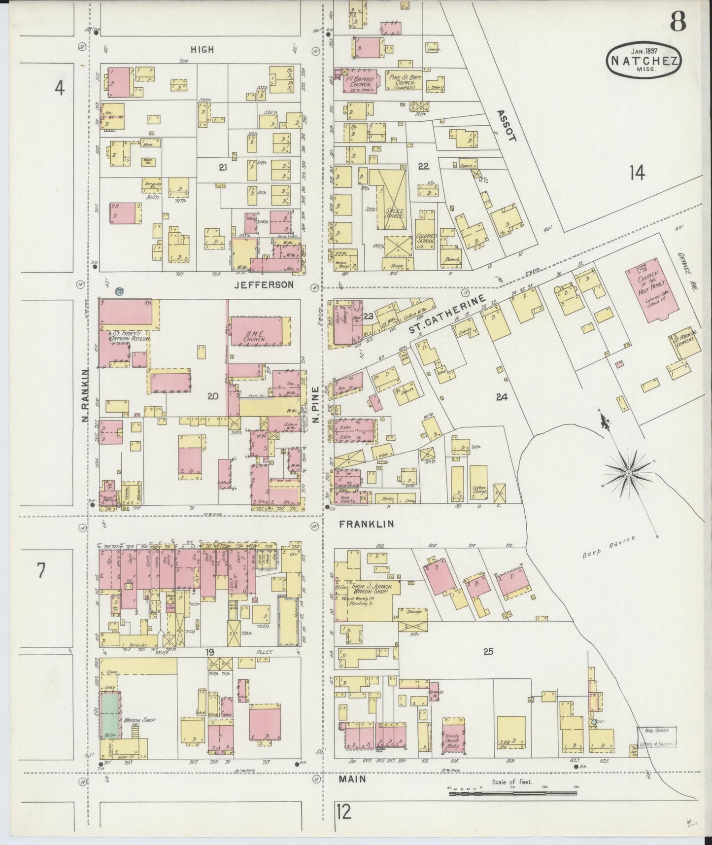 Sanborn Fire Insurance Map from Natchez, Adams County, Mississippi (1897), Sheet #0008 - Historic Sanborn Fire Insurance Map Print, vintage old map wall art, antique decor, genealogy gift, Mississippi Mississippi map