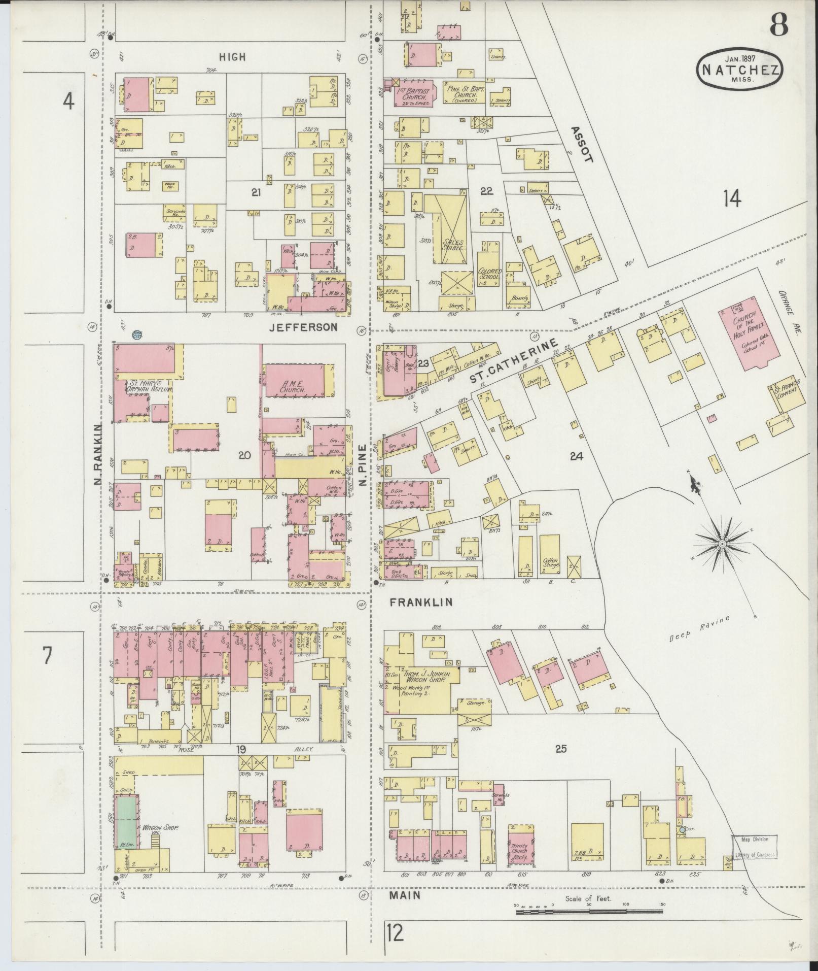 Sanborn Fire Insurance Map from Natchez, Adams County, Mississippi (1897), Sheet #0008 - Historic Sanborn Fire Insurance Map Print, vintage old map wall art, antique decor, genealogy gift, Mississippi Mississippi map