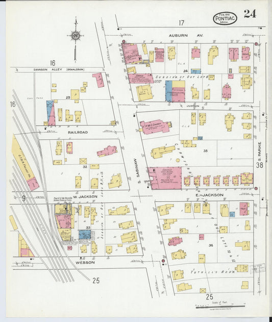 Sanborn Fire Insurance Map from Pontiac, Oakland County, Michigan (1919), Sheet #0024 - Historic Sanborn Fire Insurance Map Print, vintage old map wall art, antique decor, genealogy gift, Michigan Michigan map