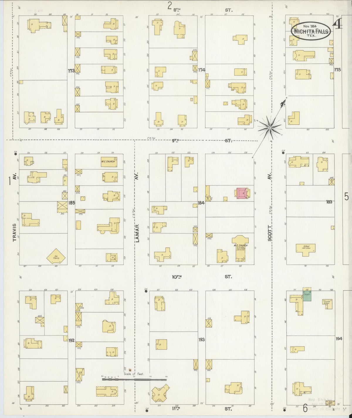 Sanborn Fire Insurance Map from Wichita Falls, Wichita County, Texas (1904), Sheet #0004 - Historic Sanborn Fire Insurance Map Print, vintage old map wall art, antique decor, genealogy gift, Texas Texas map