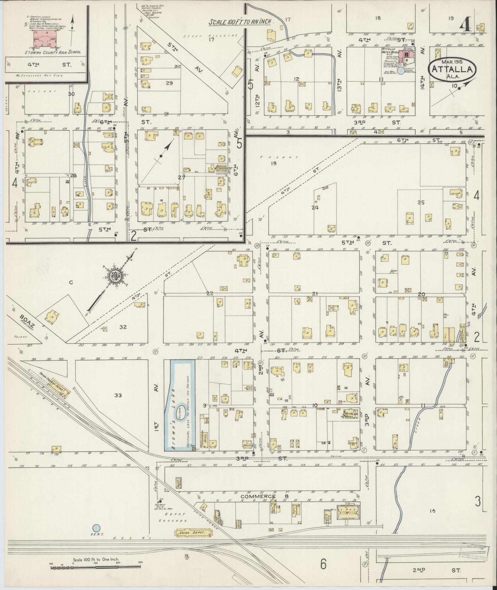 Sanborn Fire Insurance Map from Attalla, Etowah County, Alabama (1915), Sheet #0004 - Historic Sanborn Fire Insurance Map Print, vintage old map wall art, antique decor, genealogy gift, Alabama Alabama map