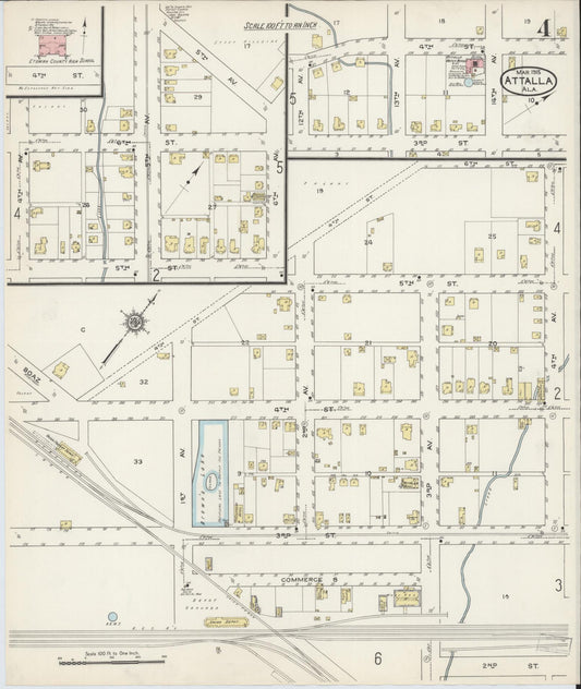 Sanborn Fire Insurance Map from Attalla, Etowah County, Alabama (1915), Sheet #0004 - Historic Sanborn Fire Insurance Map Print, vintage old map wall art, antique decor, genealogy gift, Alabama Alabama map