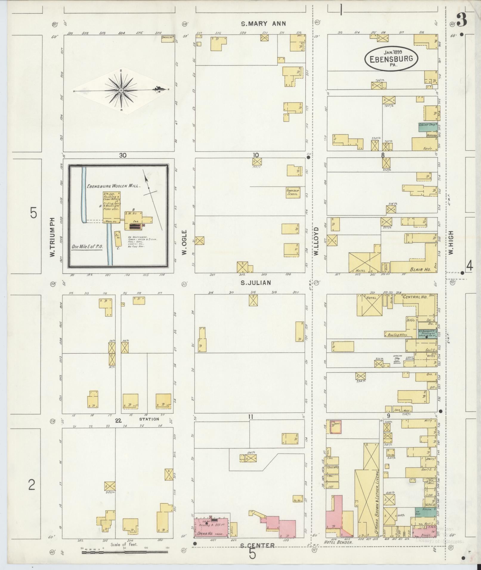 Sanborn Fire Insurance Map from Ebensburg, Cambria County, Pennsylvania (1899), Sheet #0003 - Historic Sanborn Fire Insurance Map Print, vintage old map wall art, antique decor, genealogy gift, Pennsylvania Pennsylvania map
