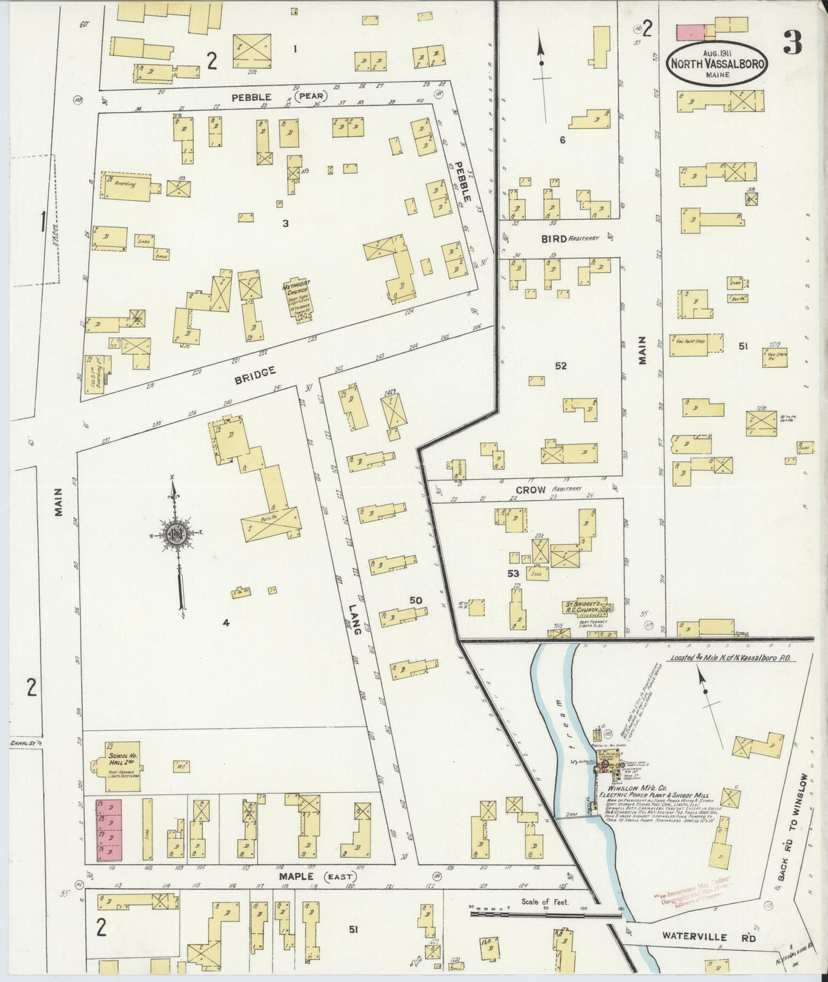 Sanborn Fire Insurance Map from North Vassalboro, Kennebec County, Maine (1911), Sheet #0003 - Historic Sanborn Fire Insurance Map Print, vintage old map wall art, antique decor, genealogy gift, Maine Maine map