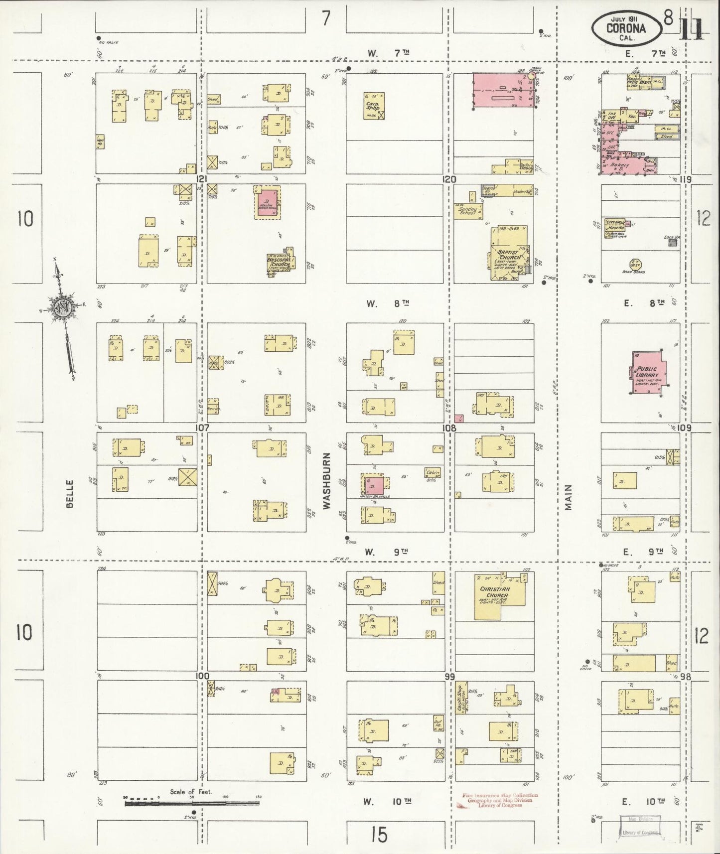 Sanborn Fire Insurance Map from Corona, Riverside County, California (1911), Sheet #0011 - Historic Sanborn Fire Insurance Map Print, vintage old map wall art, antique decor, genealogy gift, California California map
