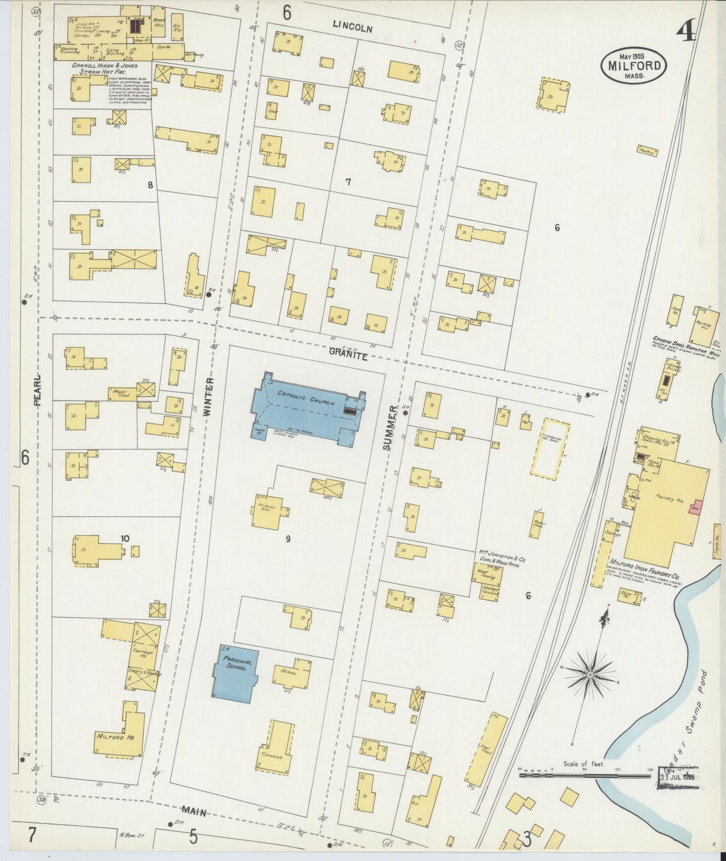 Sanborn Fire Insurance Map from Milford, Worcester County, Massachusetts (1903), Sheet #0004 - Historic Sanborn Fire Insurance Map Print, vintage old map wall art, antique decor, genealogy gift, Massachusetts Massachusetts map