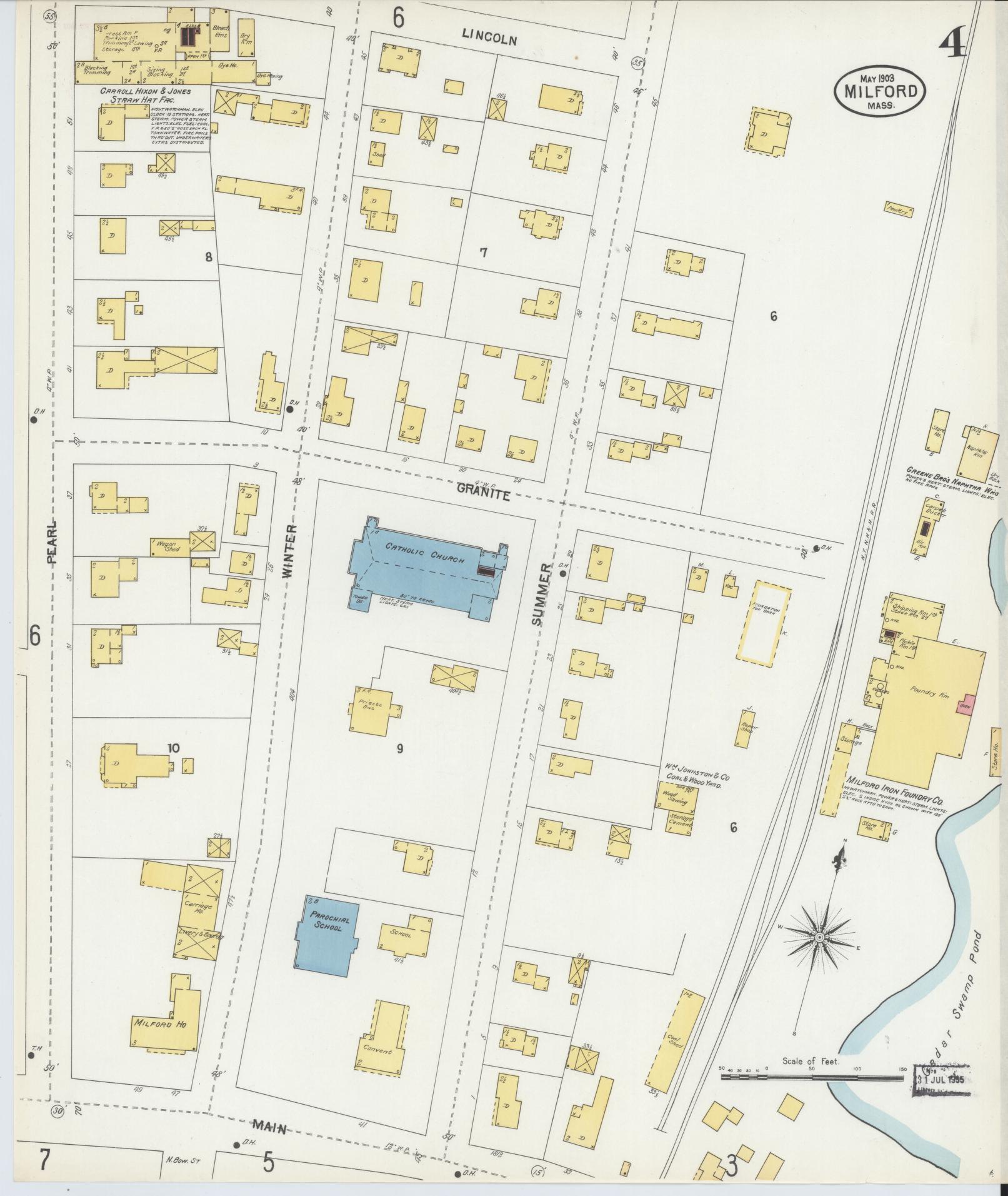 Sanborn Fire Insurance Map from Milford, Worcester County, Massachusetts (1903), Sheet #0004 - Historic Sanborn Fire Insurance Map Print, vintage old map wall art, antique decor, genealogy gift, Massachusetts Massachusetts map