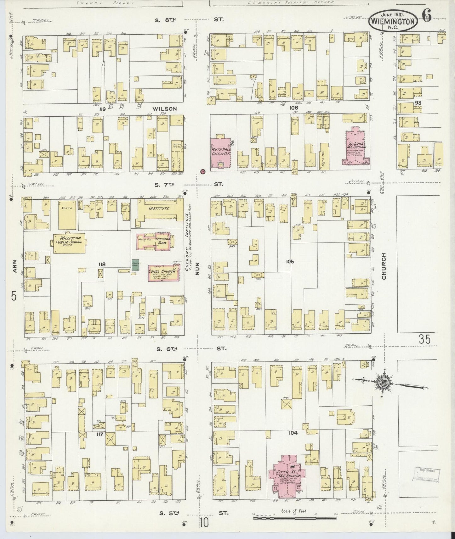 Sanborn Fire Insurance Map from Wilmington, New Hanover County, North Carolina (1910), Sheet #0006 - Historic Sanborn Fire Insurance Map Print, vintage old map wall art, antique decor, genealogy gift, North Carolina North Carolina map