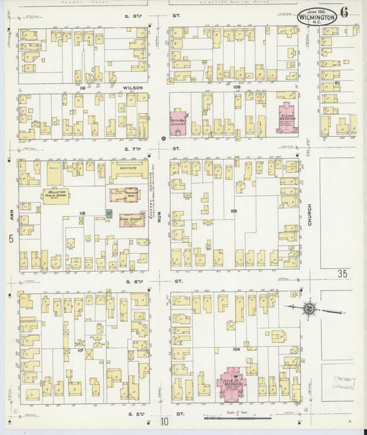 Sanborn Fire Insurance Map from Wilmington, New Hanover County, North Carolina (1910), Sheet #0006 - Historic Sanborn Fire Insurance Map Print, vintage old map wall art, antique decor, genealogy gift, North Carolina North Carolina map