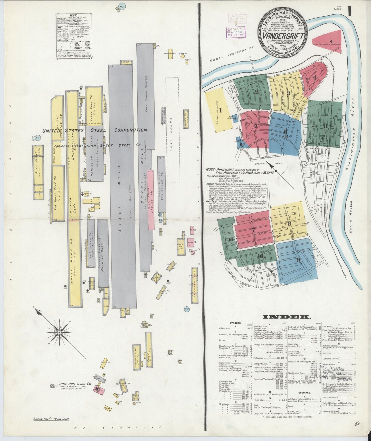 Sanborn Fire Insurance Map from Vandergrift, Westmoreland County, Pennsylvania (1909), Sheet #0001 - Complete Map Set gallery image, historic Sanborn map, vintage wall art, Pennsylvania Pennsylvania