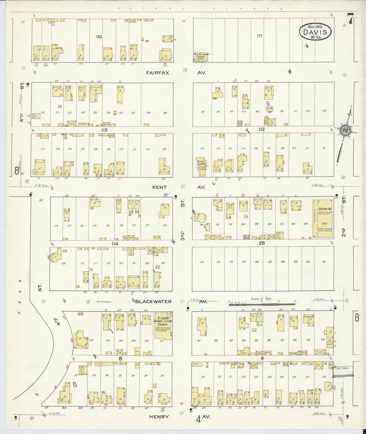 Sanborn Fire Insurance Map from Davis, Tucker County, West Virginia (1915), Sheet #0007 - Complete Map Set gallery image, historic Sanborn map, vintage wall art, West Virginia West Virginia
