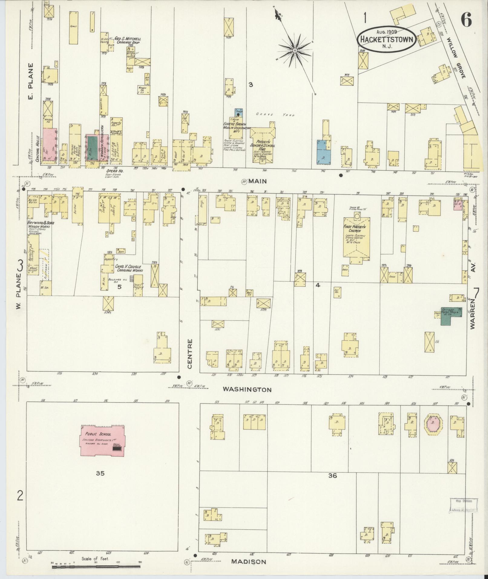 Sanborn Fire Insurance Map from Hackettstown, Warren County, New Jersey (1909), Sheet #0006 - Historic Sanborn Fire Insurance Map Print, vintage old map wall art, antique decor, genealogy gift, New Jersey New Jersey map