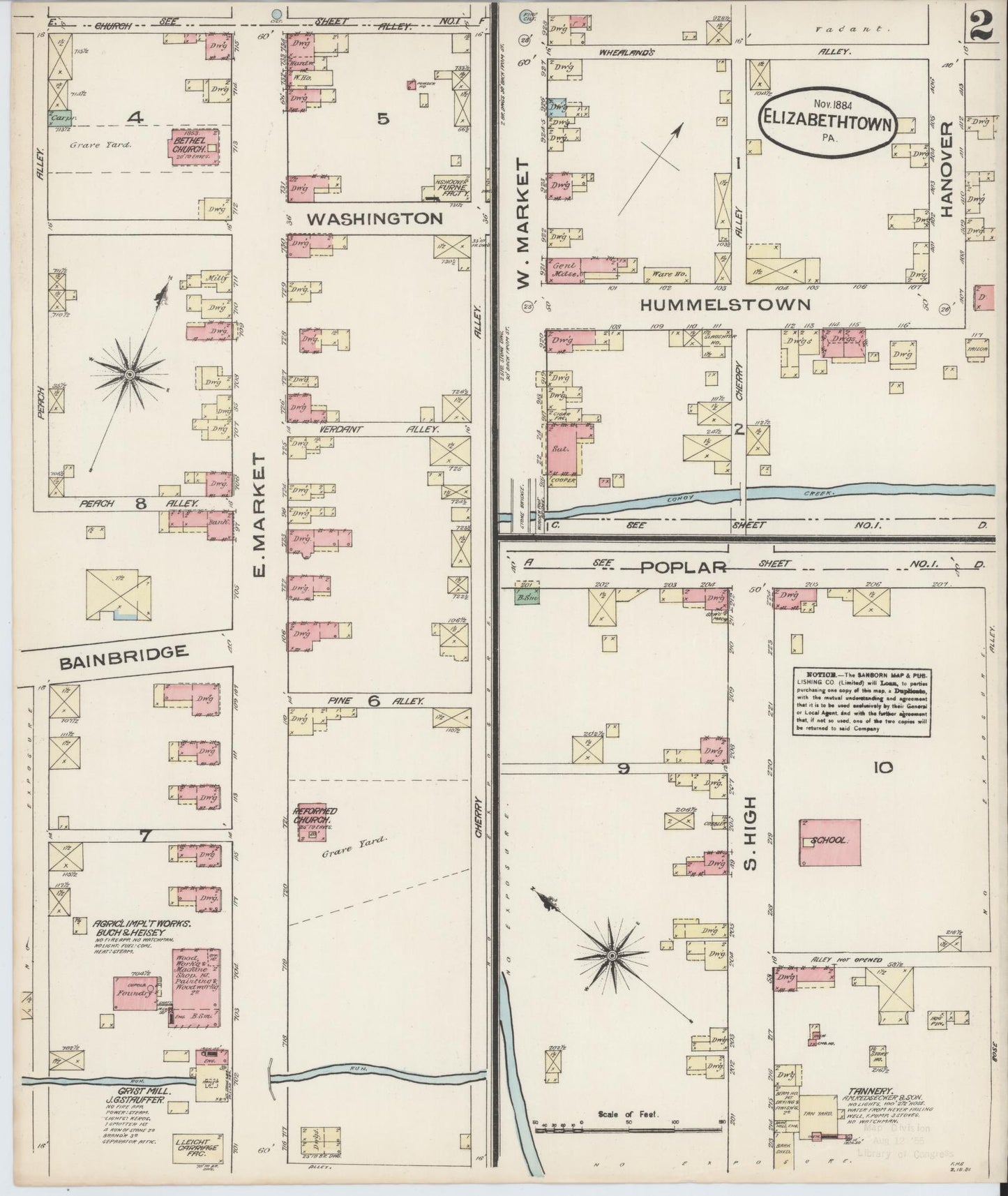 Sanborn Fire Insurance Map from Elizabethtown, Lancaster County, Pennsylvania (1884), Sheet #0002 - Historic Sanborn Fire Insurance Map Print, vintage old map wall art, antique decor, genealogy gift, Pennsylvania Pennsylvania map