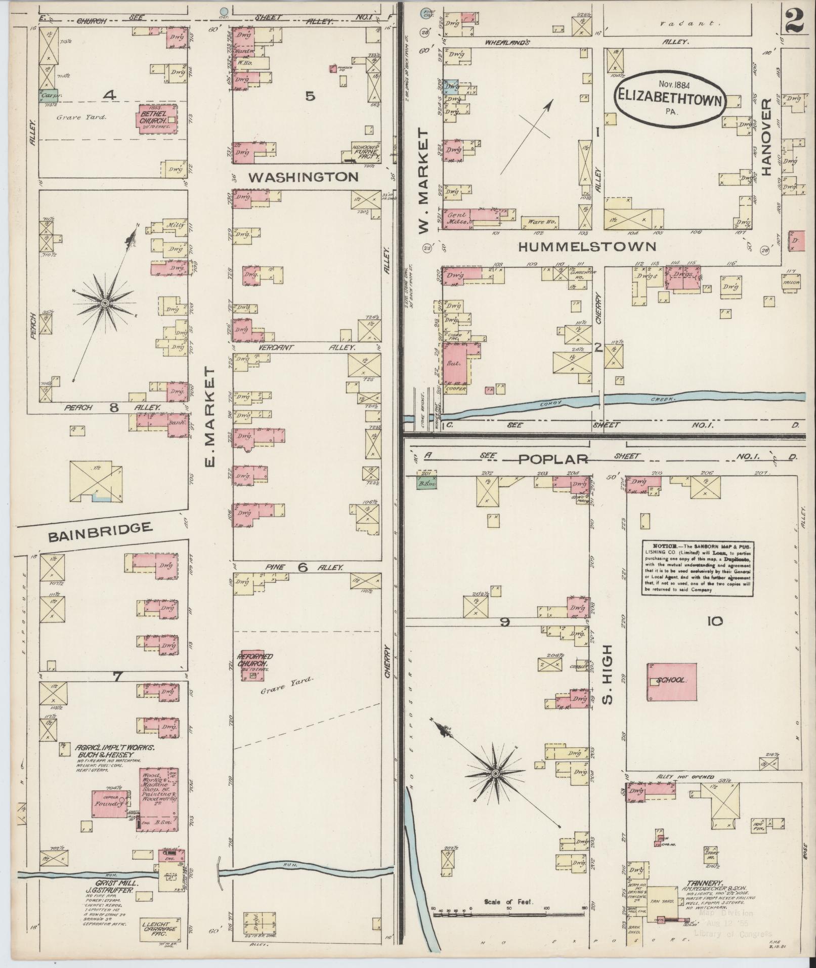 Sanborn Fire Insurance Map from Elizabethtown, Lancaster County, Pennsylvania (1884), Sheet #0002 - Historic Sanborn Fire Insurance Map Print, vintage old map wall art, antique decor, genealogy gift, Pennsylvania Pennsylvania map