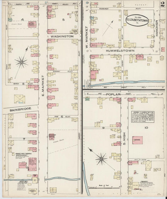 Sanborn Fire Insurance Map from Elizabethtown, Lancaster County, Pennsylvania (1884), Sheet #0002 - Historic Sanborn Fire Insurance Map Print, vintage old map wall art, antique decor, genealogy gift, Pennsylvania Pennsylvania map