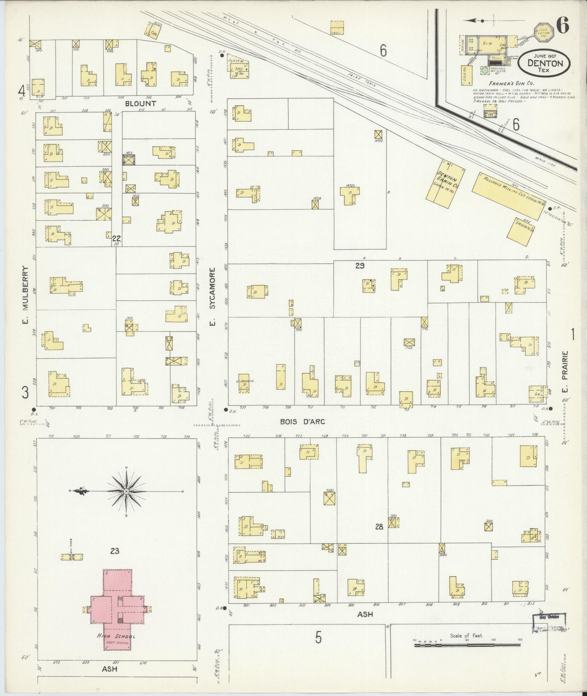 Sanborn Fire Insurance Map from Denton, Denton County, Texas (1907), Sheet #0006 - Historic Sanborn Fire Insurance Map Print, vintage old map wall art, antique decor, genealogy gift, Texas Texas map