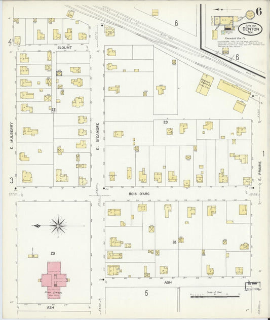 Sanborn Fire Insurance Map from Denton, Denton County, Texas (1907), Sheet #0006 - Historic Sanborn Fire Insurance Map Print, vintage old map wall art, antique decor, genealogy gift, Texas Texas map