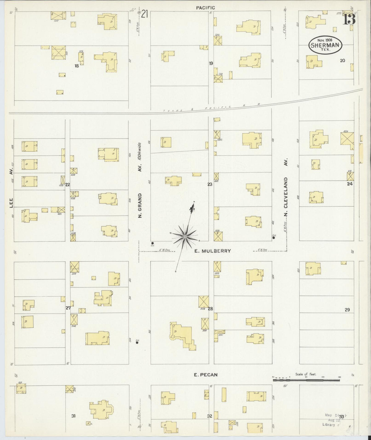 Sanborn Fire Insurance Map from Sherman, Grayson County, Texas (1908), Sheet #0013 - Complete Map Set gallery image, historic Sanborn map, vintage wall art, Texas Texas