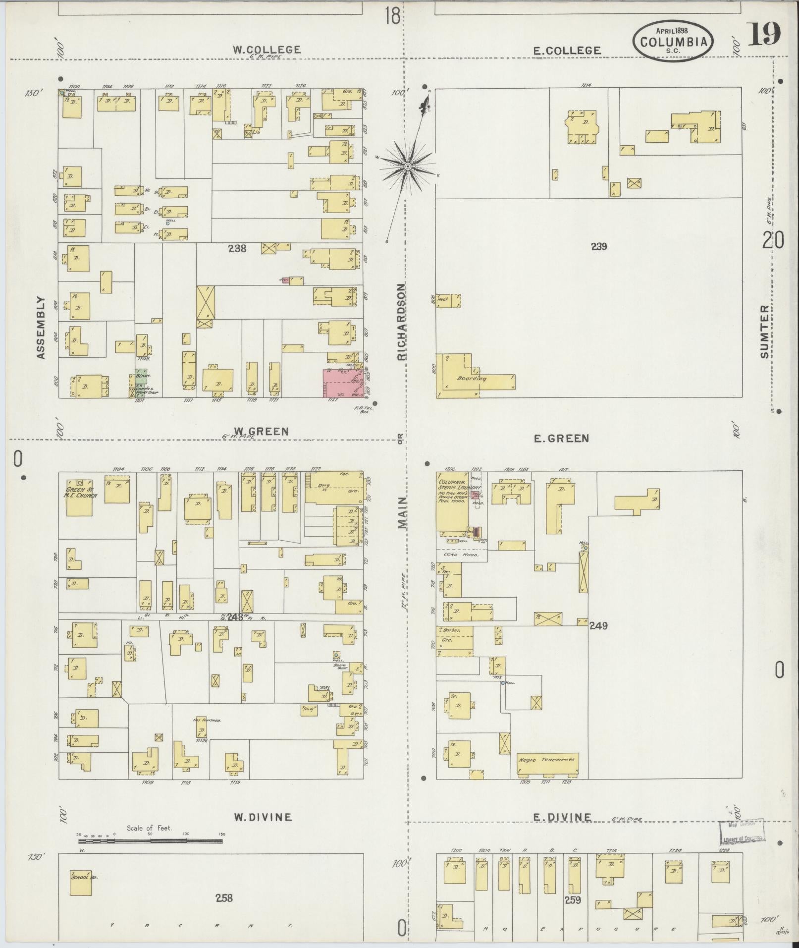 Sanborn Fire Insurance Map from Columbia, Richland County, South Carolina (1898), Sheet #0019 - Historic Sanborn Fire Insurance Map Print, vintage old map wall art, antique decor, genealogy gift, South Carolina South Carolina map