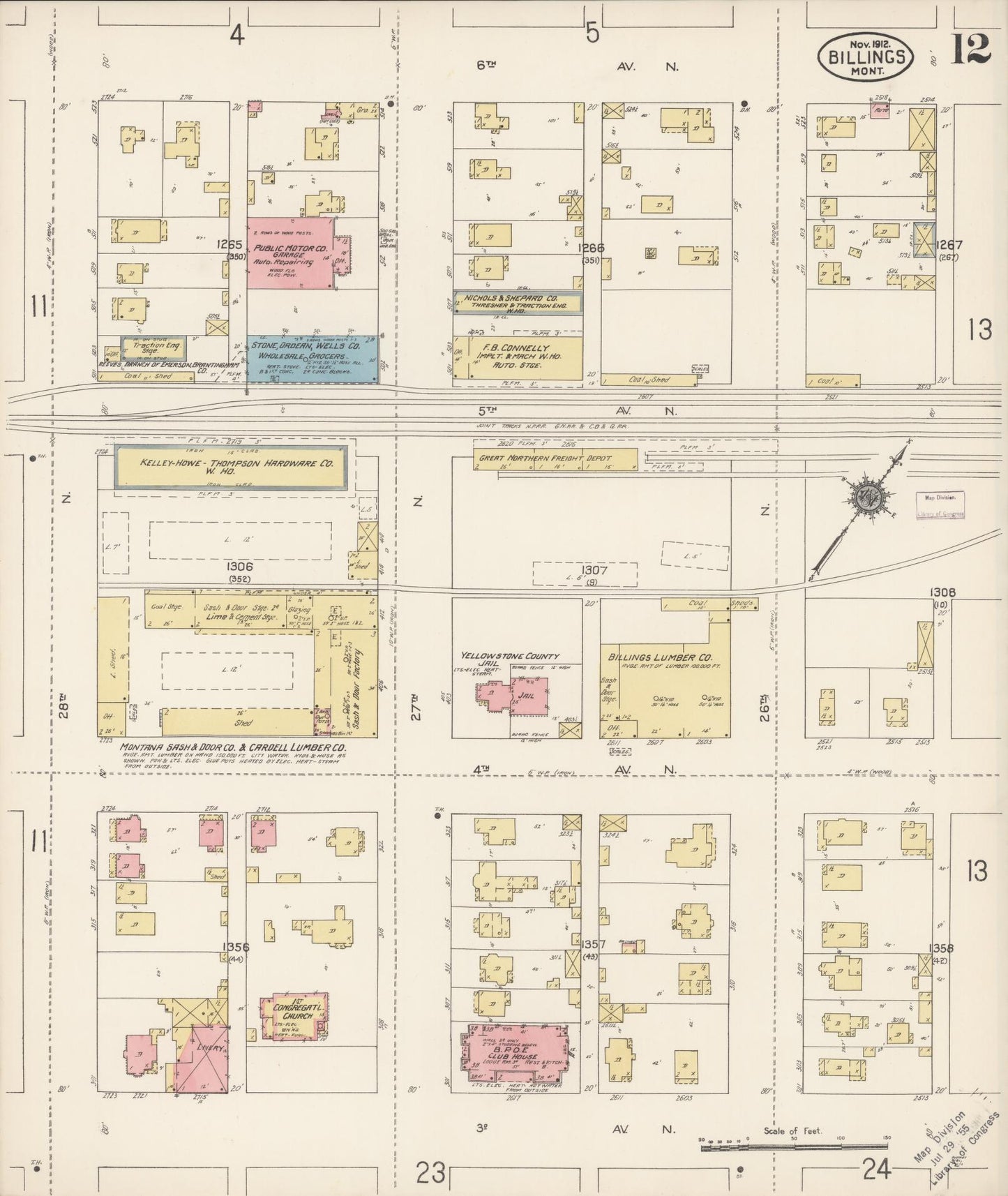 Sanborn Fire Insurance Map from Billings, Yellowstone County, Montana (1912), Sheet #0012 - Historic Sanborn Fire Insurance Map Print, vintage old map wall art, antique decor, genealogy gift, Montana Montana map