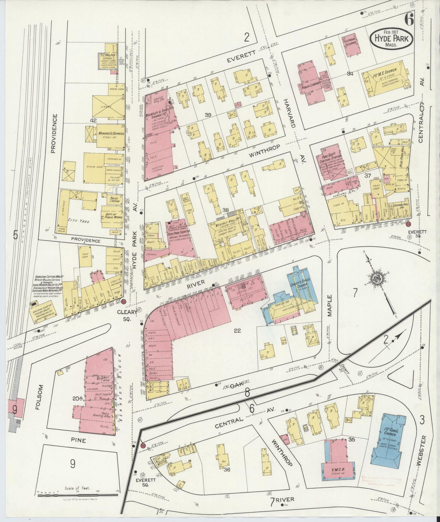 Sanborn Fire Insurance Map from Hyde Park, Norfolk County, Massachusetts (1917), Sheet #0006 - Historic Sanborn Fire Insurance Map Print, vintage old map wall art, antique decor, genealogy gift, Massachusetts Massachusetts map