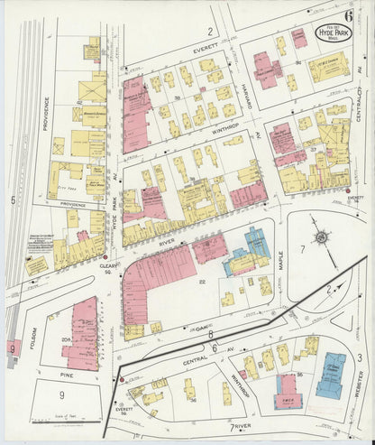 Sanborn Fire Insurance Map from Hyde Park, Norfolk County, Massachusetts (1917), Sheet #0006 - Historic Sanborn Fire Insurance Map Print, vintage old map wall art, antique decor, genealogy gift, Massachusetts Massachusetts map