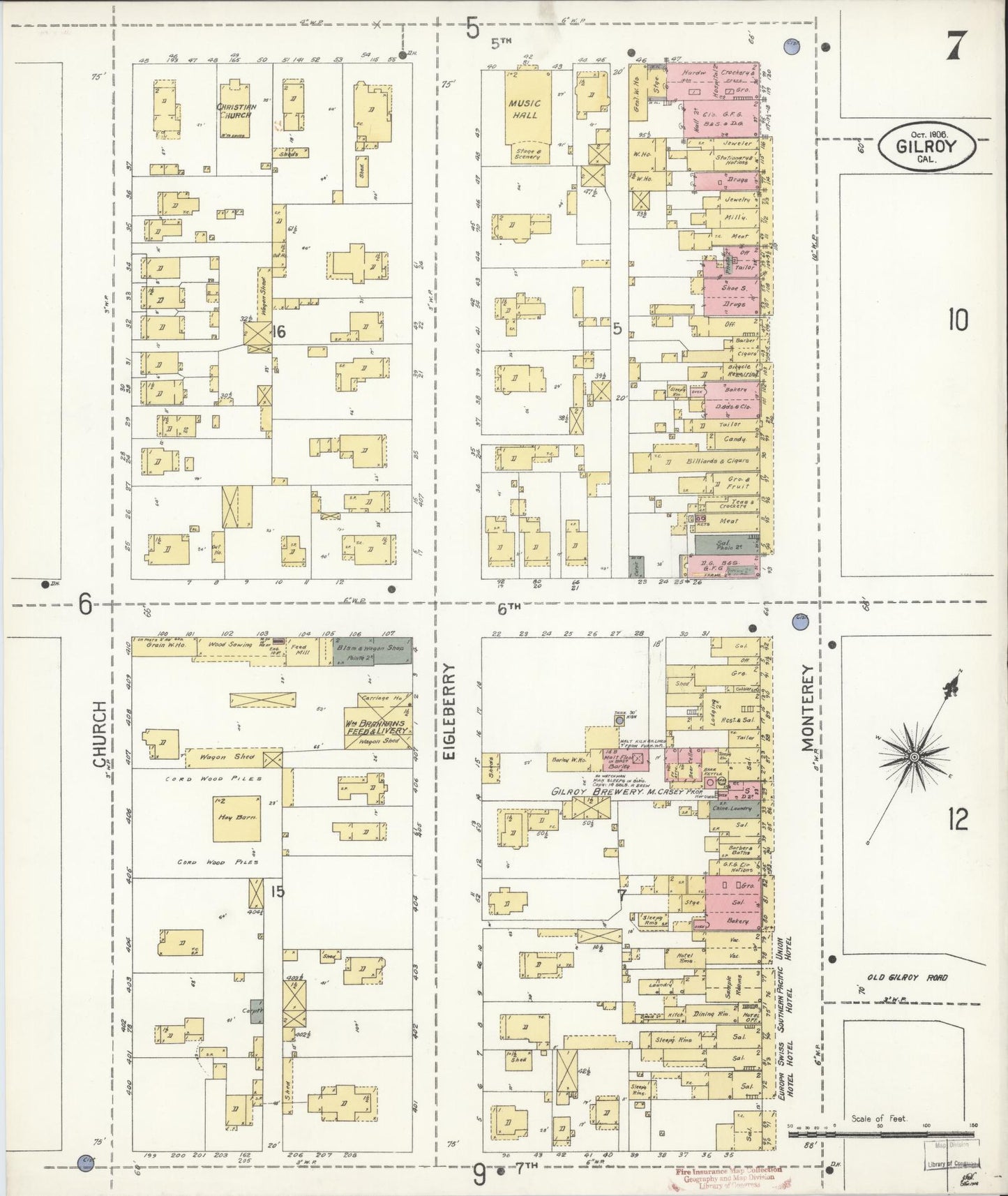 Sanborn Fire Insurance Map from Gilroy, Santa Clara County, California (1906), Sheet #0007 - Historic Sanborn Fire Insurance Map Print, vintage old map wall art, antique decor, genealogy gift, California California map