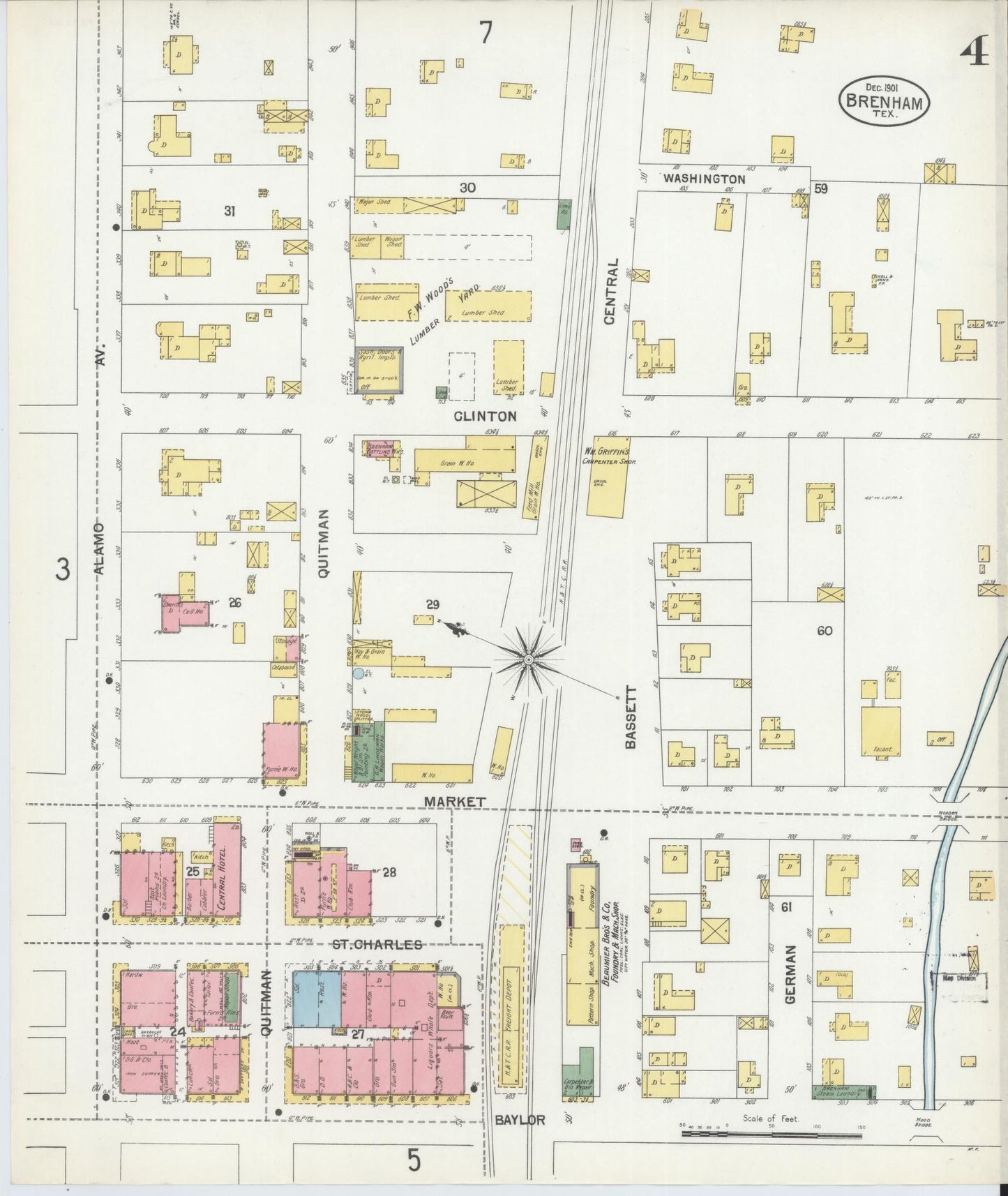 Sanborn Fire Insurance Map from Brenham, Washington County, Texas (1901), Sheet #0004 - Historic Sanborn Fire Insurance Map Print, vintage old map wall art, antique decor, genealogy gift, Texas Texas map