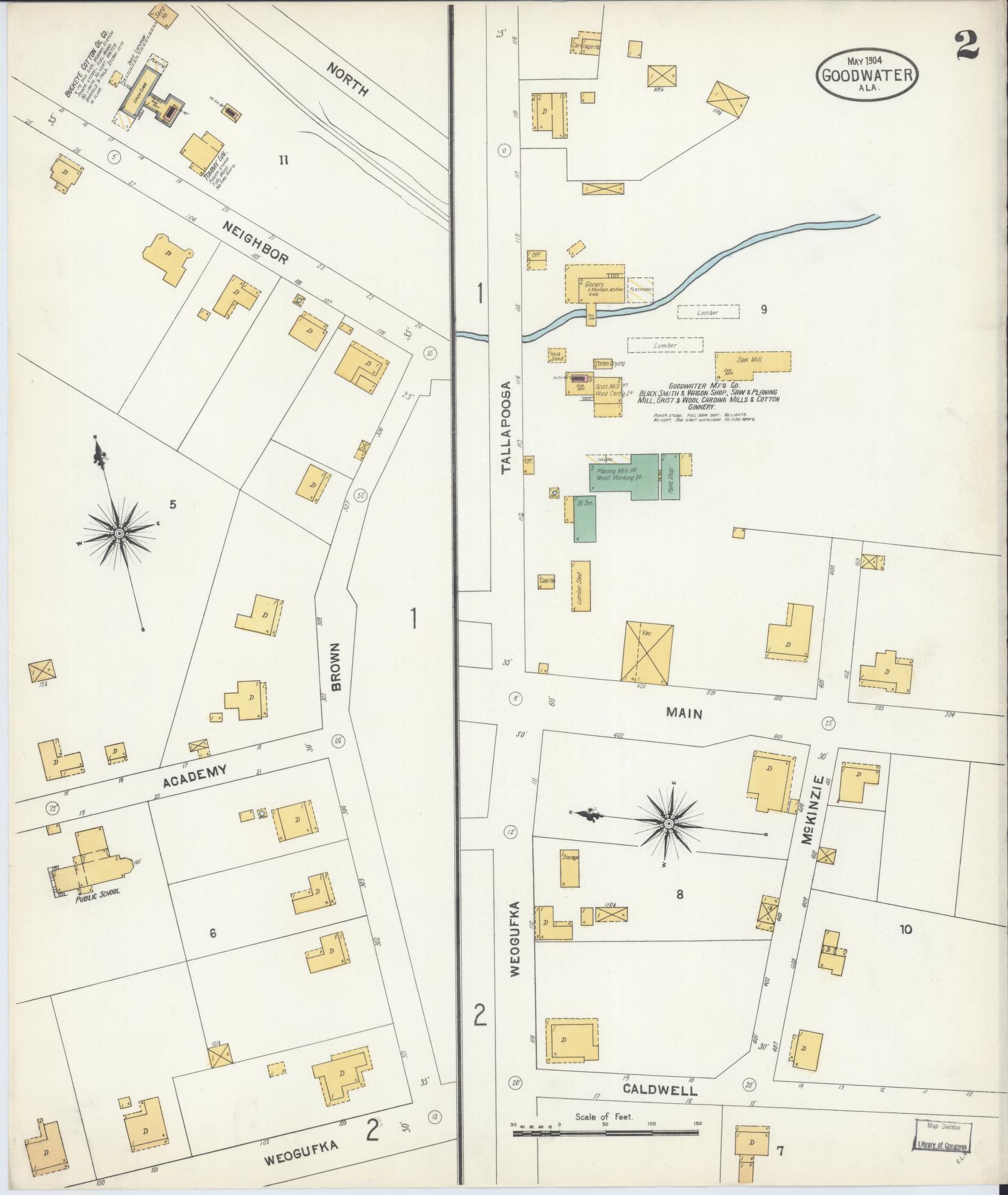 Sanborn Fire Insurance Map from Goodwater, Coosa County, Alabama (1904), Sheet #0002 - Complete Map Set gallery image, historic Sanborn map, vintage wall art, Alabama Alabama