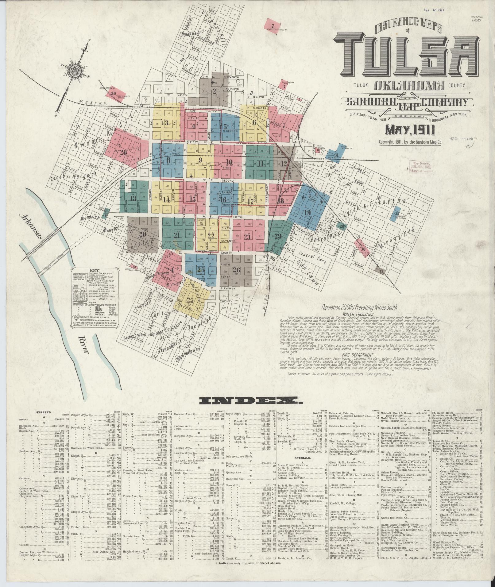 Sanborn Fire Insurance Map from Tulsa, Tulsa County, Oklahoma (1911), Sheet #0001 - Complete Map Set gallery image, historic Sanborn map, vintage wall art, Oklahoma Oklahoma