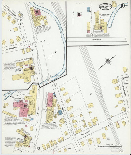 Sanborn Fire Insurance Map from Danbury, Fairfield County, Connecticut (1919), Sheet #0010 - Historic Sanborn Fire Insurance Map Print, vintage old map wall art, antique decor, genealogy gift, Connecticut Connecticut map