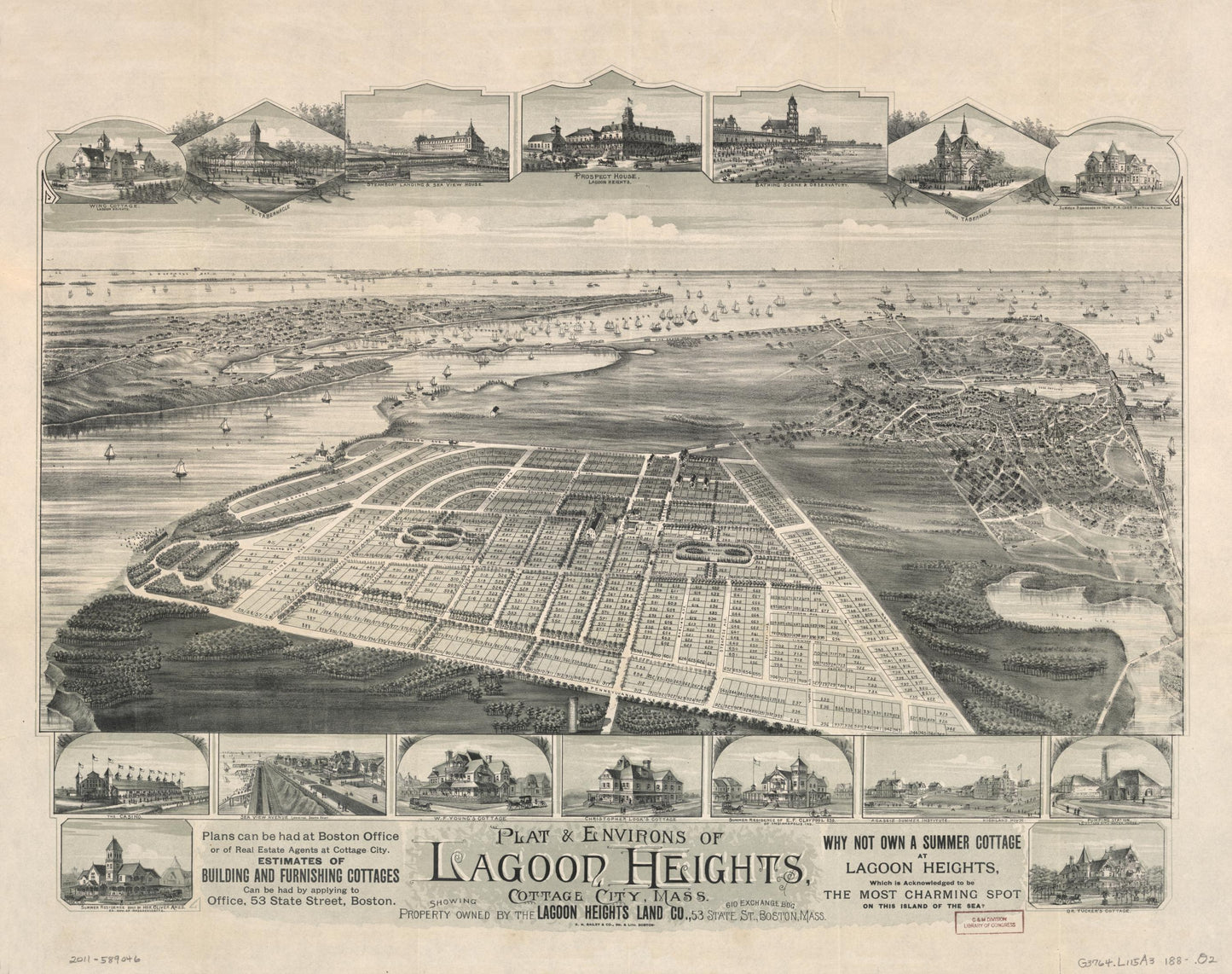 Plat & environs of Lagoon Heights, Cottage City, Mass. : showing property owned by the Lagoon Heights Land Co., 53 State St., 610 Exchange B'd'g., Boston, Mass. (1880) – Historic Bird’s-Eye View Panorama Print